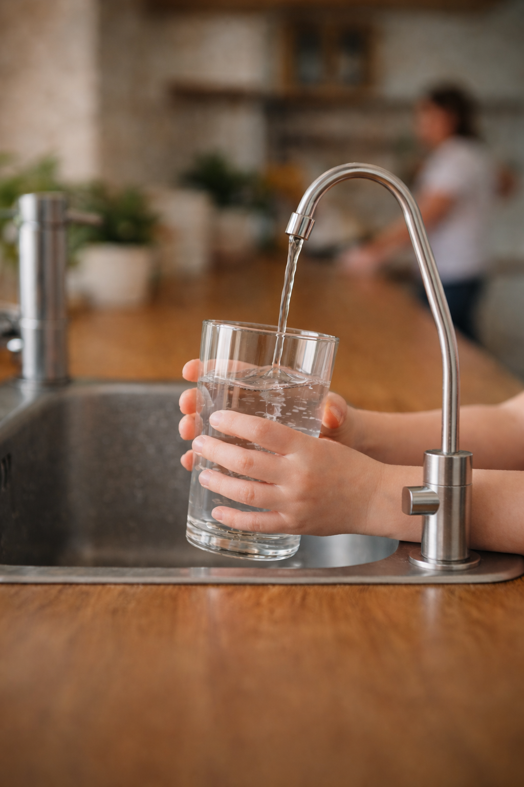 Familia tomando agua purificada Kalos directo de la llave en cocina moderna